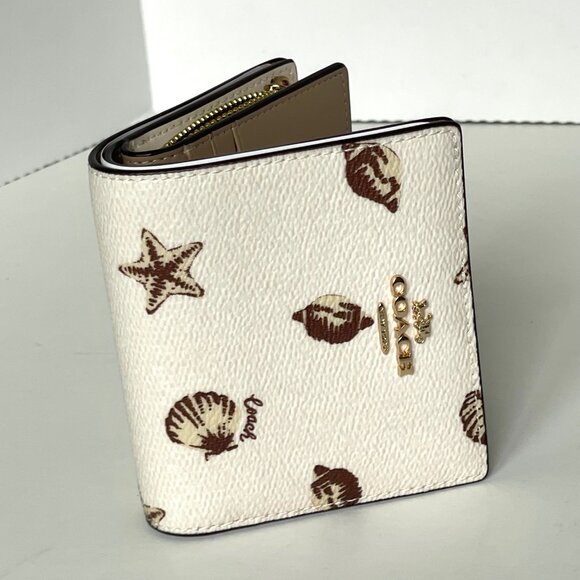 Coach Snap Wallet ID Shell Print CBO73 White Brown Small Billfold ORGPKG Charm - Picture 6 of 8
